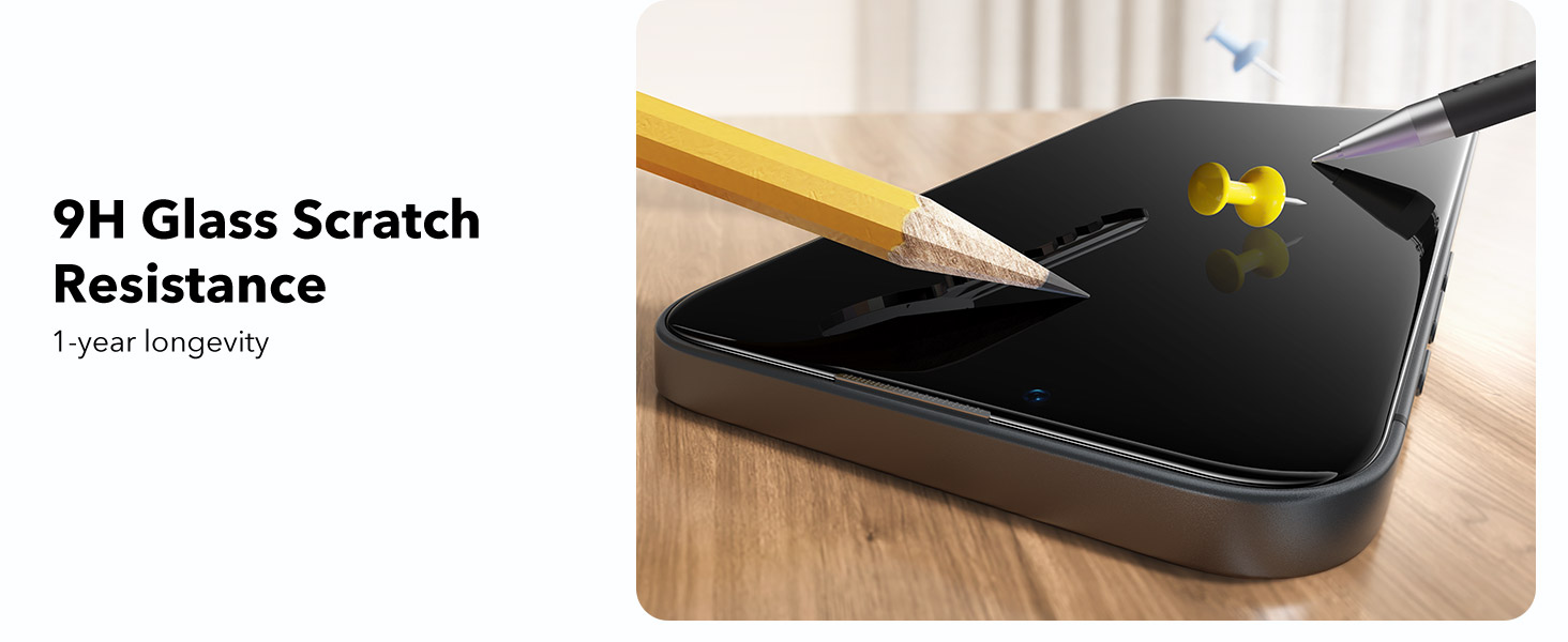 Screen protector installation demonstration showing 9H glass scratch resistance, with a pencil test being performed on a dark device surface.