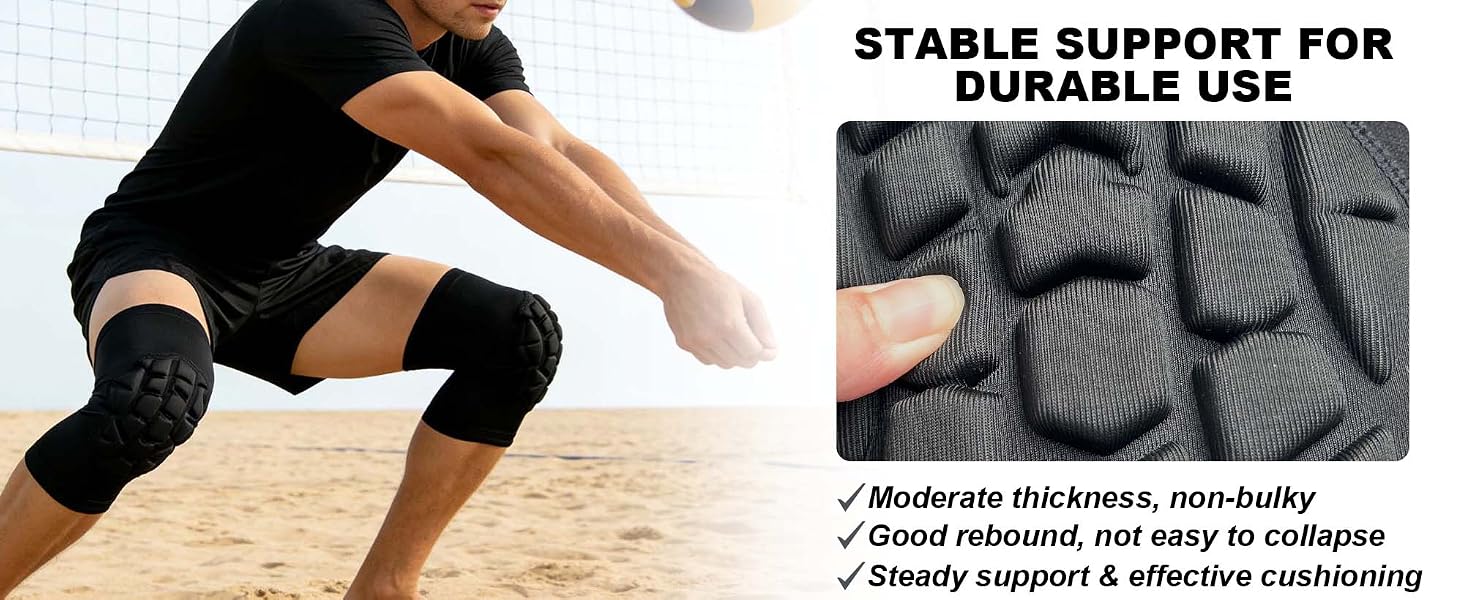 Moderate padding with good rebound, non-bulky, provides effective support for your volleyball knees