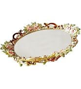 Pasiir Gold Mirror Tray, Floral Vanity Tray, Hand Painted Jewelry Tray, Metal Decorative Tray, Dr...