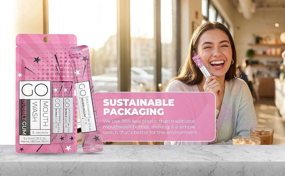 Mouthwash packaging that is 95% less plastic thatn traditional mouthwash bottles.