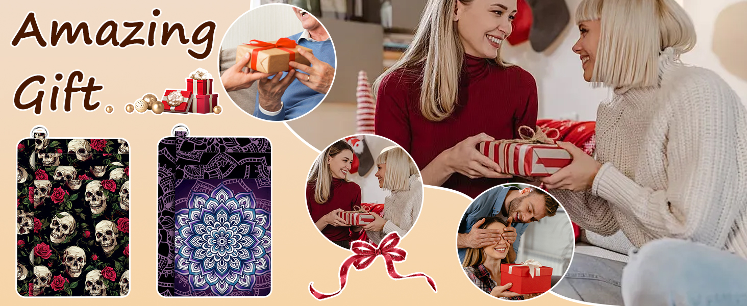 Collage featuring gift-giving scenes and two decorative items: a skull-patterned rectangular object and a purple mandala-design rectangular object, likely phone cases or small accessories.