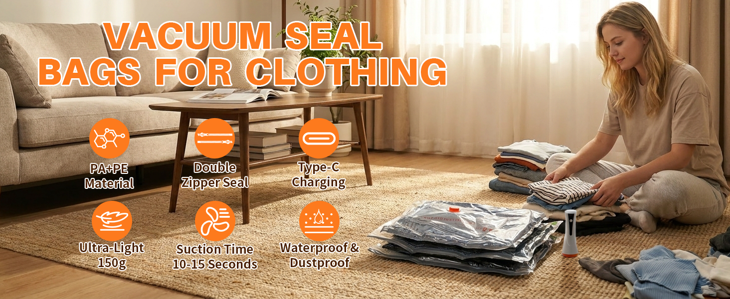 Vacuum Seal Bags for Clothing with Wireless Electric Pump