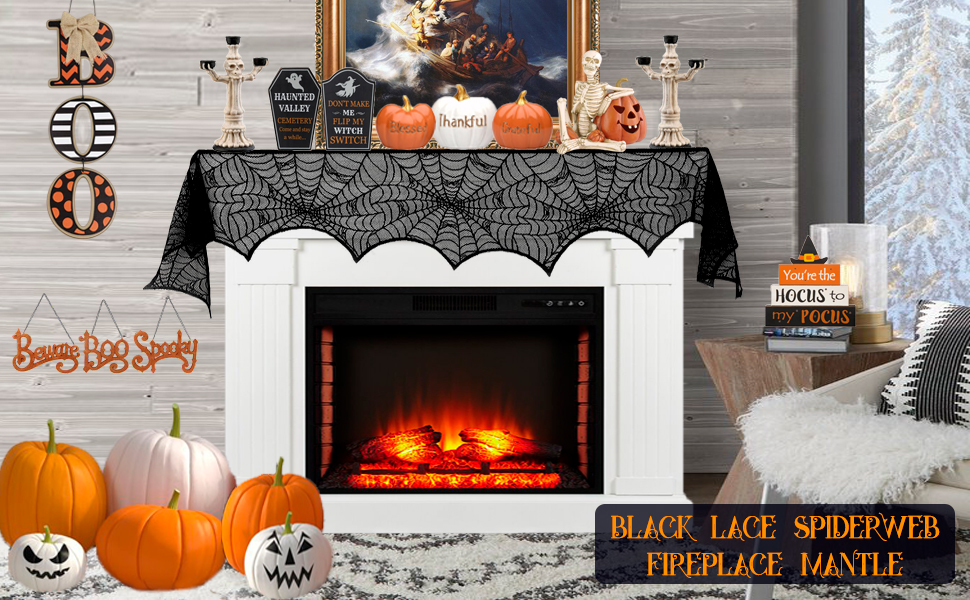 black lace spider web fireplace mantle