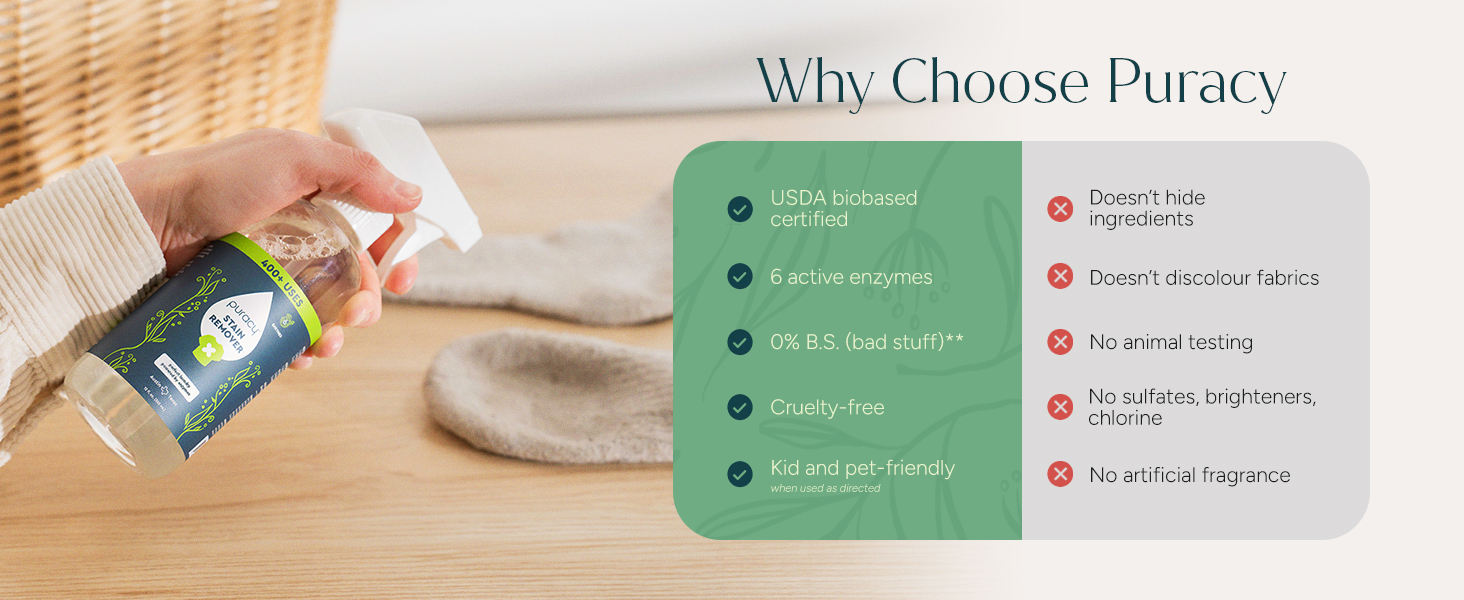 Why choose Puracy: Bio-based, 6 enzymes, cruelty-free, and safe for kids compared to synthetic.