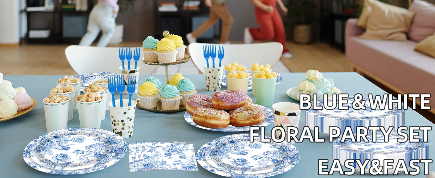 100 Pcs Blue and White Floral Tableware Party Supplies Set