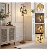 BOBOMOMO 70" Farmhouse Dimmable Floor Lamp, Walnut Brown Industrial Metal Cage Standing Lamp with...