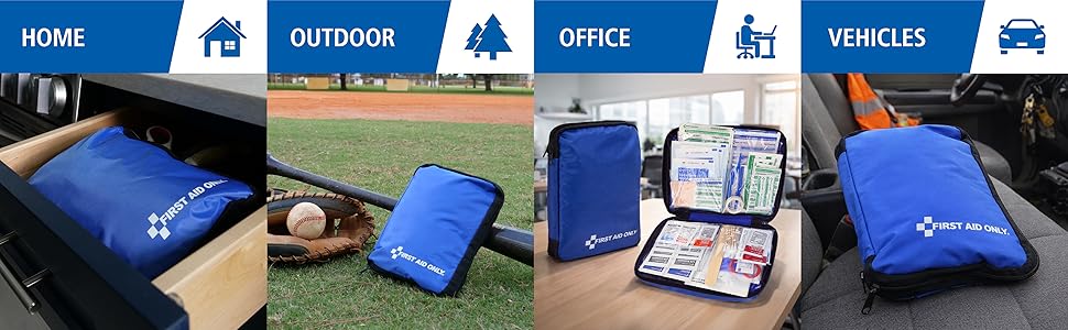Image of first aid bag in multiple scenes with text reading home outdoor office vehicles.