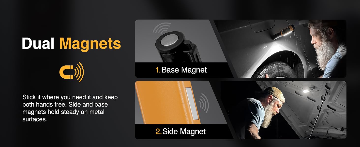 Dual Strong Magnets, Stick it where you need it and keep both hands free, Side and Base Magnets