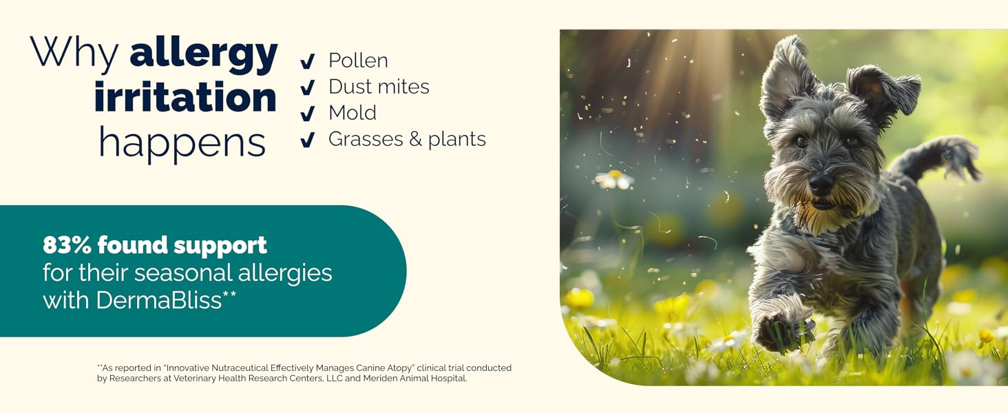 Dog allergy triggers: pollen, dust mites, mold, and grass, with 83% finding Dermabliss support