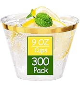 Ciaell 300PCS Gold Plastic Cups - 9Oz Heavy Duty Plastic Cups - Gold Rimmed Plastic Cups - Dispos...
