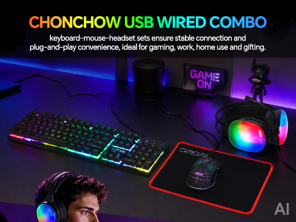 4 in 1 Gaming Keyboard Mouse Mousepad and Headset with mic Combo USB Wired RGB Backlit Gamer Bundle