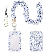 WEESMILE Scrunchie Lanyard with ID Holder for Keys (Blue Floral) | Satin Blue Chinoiserie Print, ...