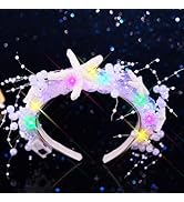 JEAIRTS Light Up Starfish Braided Headband Glow Pearl Wedding Holiday Boho Hair Accessories for W...