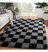KICMOR Black and Grey Area Rug for Bedroom, 4x6 Fluffy Fuzzy Shag Checkered Rugs Shaggy Carpet fo...