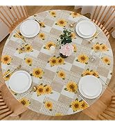 LIBERECOO Round Vinyl Fitted Tablecloth with Flannel Backing Elastic Edge Plastic Table Cover Wat...