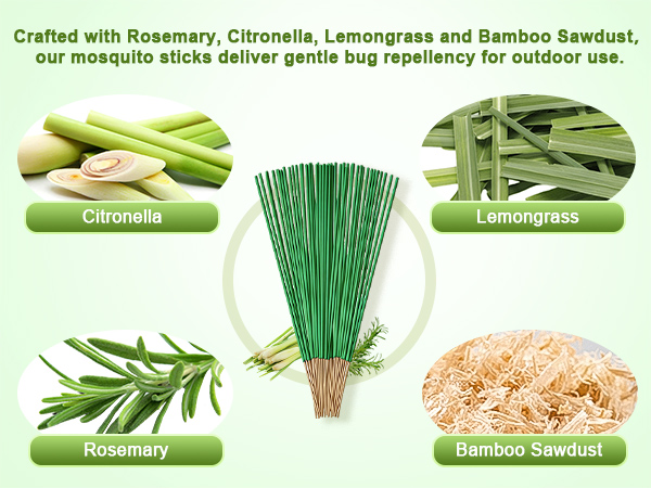 Our mosquito sticks are crafted with Rosemary, Citronella, Lemongrass and Bamboo Sawdust.