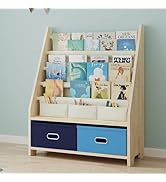 EXPERLAM 4 Tier Kids Book Shelf, Wooden Kids Book Rack Storage Bookshelf with Toy Storage Organiz...