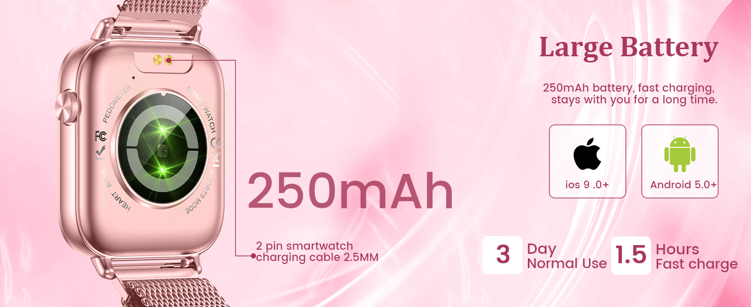 The iphone/Android smart watch (Android 5.0+ and IOS 8.0+) with 250mAh battery capacity.