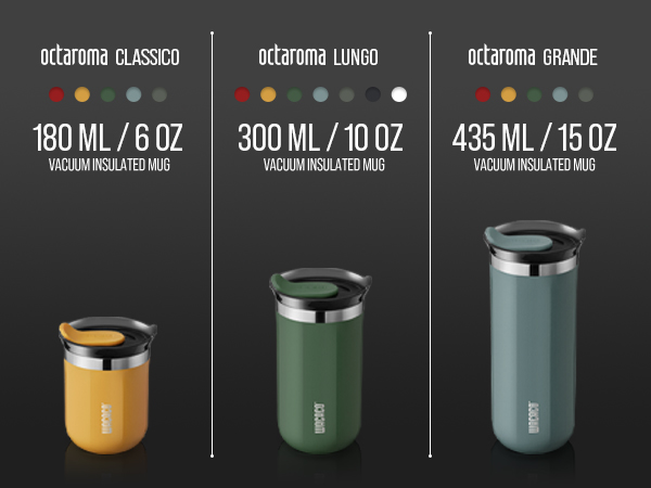 Three vacuum-insulated mugs in different sizes: 180ml/6oz yellow, 300ml/10oz green, and 435ml/15oz gray, with metal lids and minimalist design.