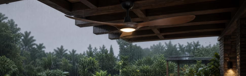 Fan on porch in raining day
