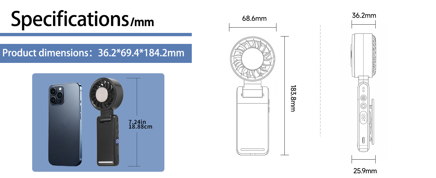 Text reads 'Specifications/mm' with 'Product dimensions: 38.2*69.4*184.2mm'. Technical line drawings showing device dimensions, circular detail views, and small blue device photographed against white background.