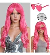 PLULON Hot Pink Curly Wigs with Heart Sunglasses for Women, 28 Inch Long Curly Wavy Wig Neon Part...