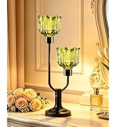 TECHYAP Green Glass Table Lamp Vintage Black Flower Lamp Gift Dimmable | 2 Bulbs Included Mid Cen...