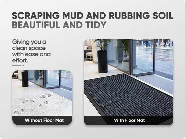Compare: messy footprints without our mat vs. a tidy space with it.