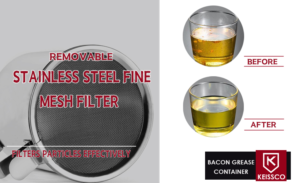 KEISSCO Stainless Steel Bacon Grease Container with Strainer