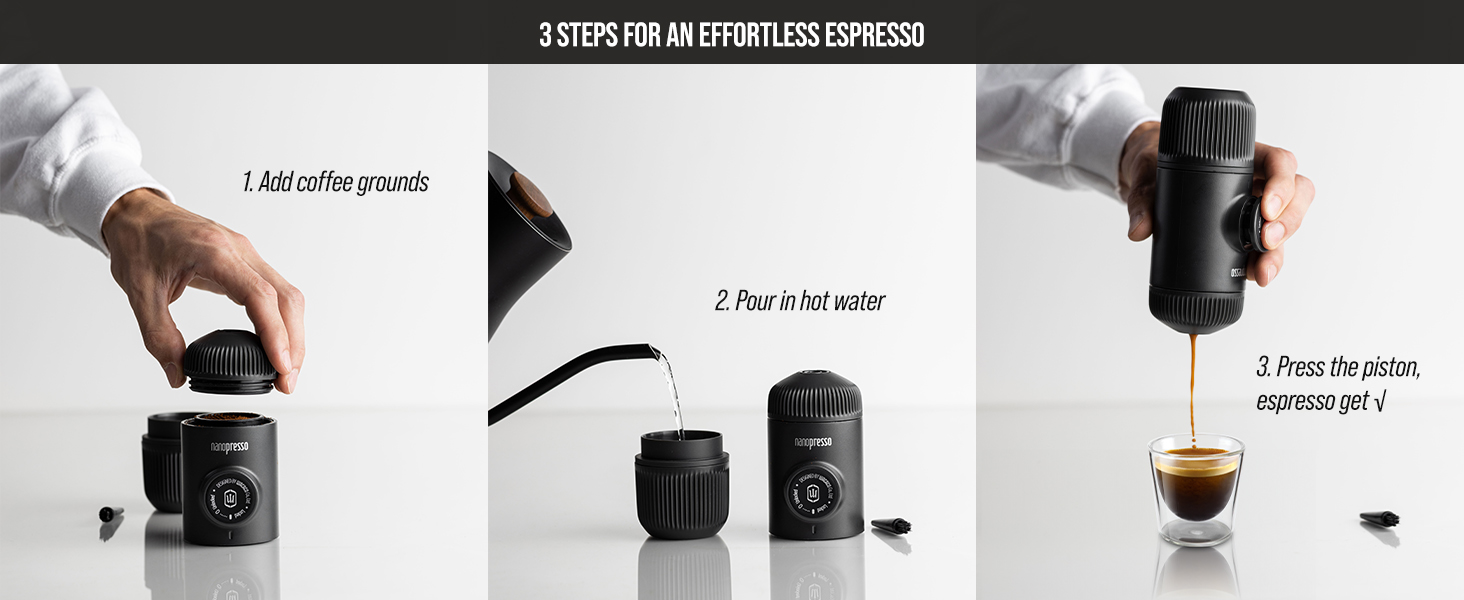 Portable espresso maker demonstrated in three steps: filling with coffee grounds, adding hot water, and extracting espresso into a small cup.