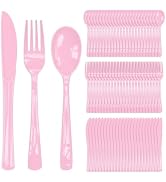 FALIZIFU 150 Pcs Light Pink Plastic Cutlery Set Disposable Pink Heavy Duty Plastic Knives Forks a...