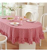 Wolkemer Red and White Gingham Ruffled Oval Tablecloth, 60x84 Inch | Washed Cotton Buffalo Plaid ...