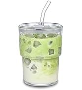 MINGHYZYA 13oz Glass Tumbler with Straw and Lid Sealed, Carry On Reusable Iced Coffee Cups,Thick ...