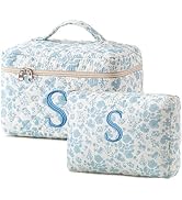 HBselect 2Pcs Initial Makeup Bag, Quilted Makeup Bag, Cotton Large Travel Makeup Bag, Cute Floral...