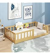 DoCred Montessori Toddler Floor Bed for Kids - Crib Size Wood Floor Bed w/Slats & Fence for Girls...