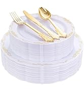 DaYammi 150Pcs White Gold Plastic Plates & Plastic Silverware, Gold Disposable Plates for Party I...