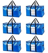 Set of six identical large blue storage/moving bags with black carrying handles and clear window panels. Bags appear to be made of durable waterproof material.