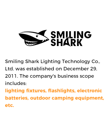 Text reads 'SMILING SHARK' and 'Smiling Shark Lighting Technology Co., Ltd. was established on December 29, 2011. The company's business scope includes lighting fixtures, flashlights, electronic batteries, outdoor camping equipment, etc.'