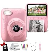 Instant Print Camera for Kids, 3.0" HD 32MP Kids Camera 1080P with 3 Rolls of Printer Paper, Birt...