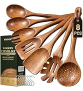 Kikcoin 8-Piece Natural Teak Wooden Utensil Set with 7 Metal Hooks, Non-Scratch Wooden Spoons for...