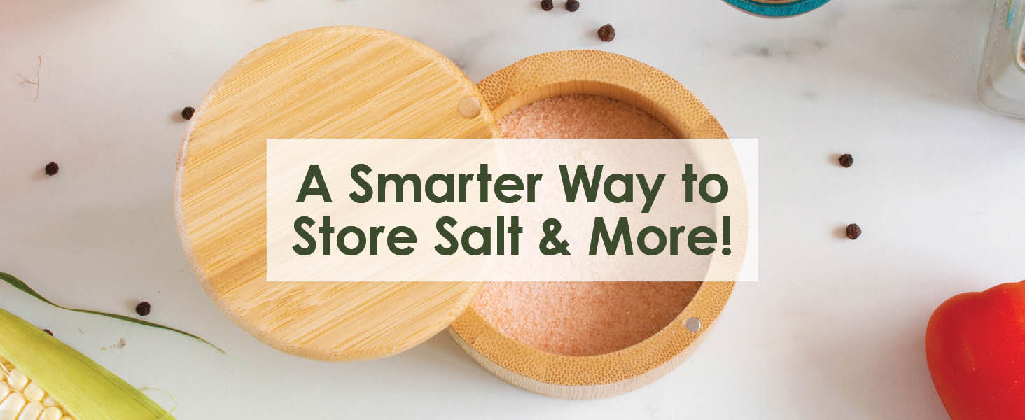 Open salt cellar with salt, text reads A Smarter Way to Store Salt & More