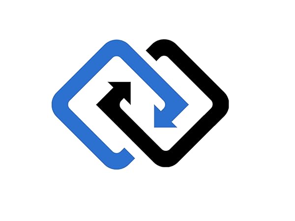 A geometric logo design featuring interlocking blue and black squares with arrows forming a cyclical or interconnected pattern.