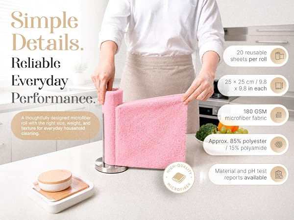 20-sheet reusable microfiber roll with 180 GSM fabric for durable everyday household cleaning