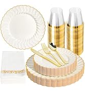 Lullaby 336PCS Elegant Disposable Dinnerware Set –96 Ivory Scalloped Gold-Trim Plates (48 Dinner,...