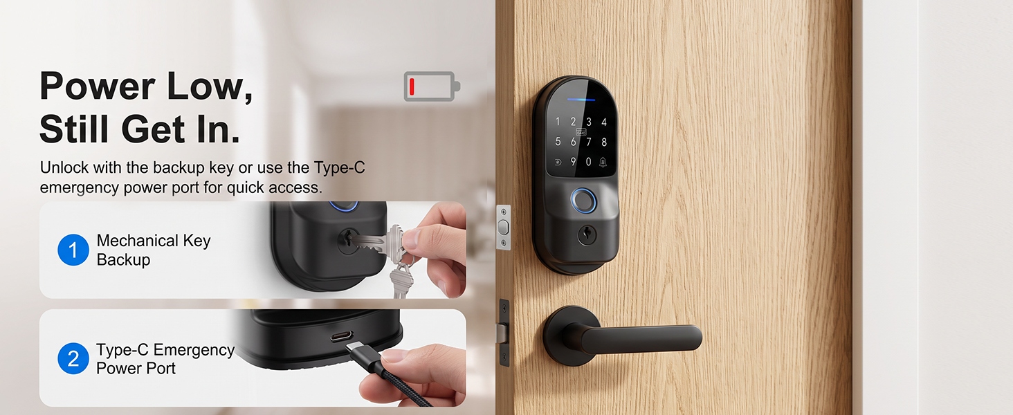 Use the backup key or Type-C emergency power port to unlock when the battery runs low.