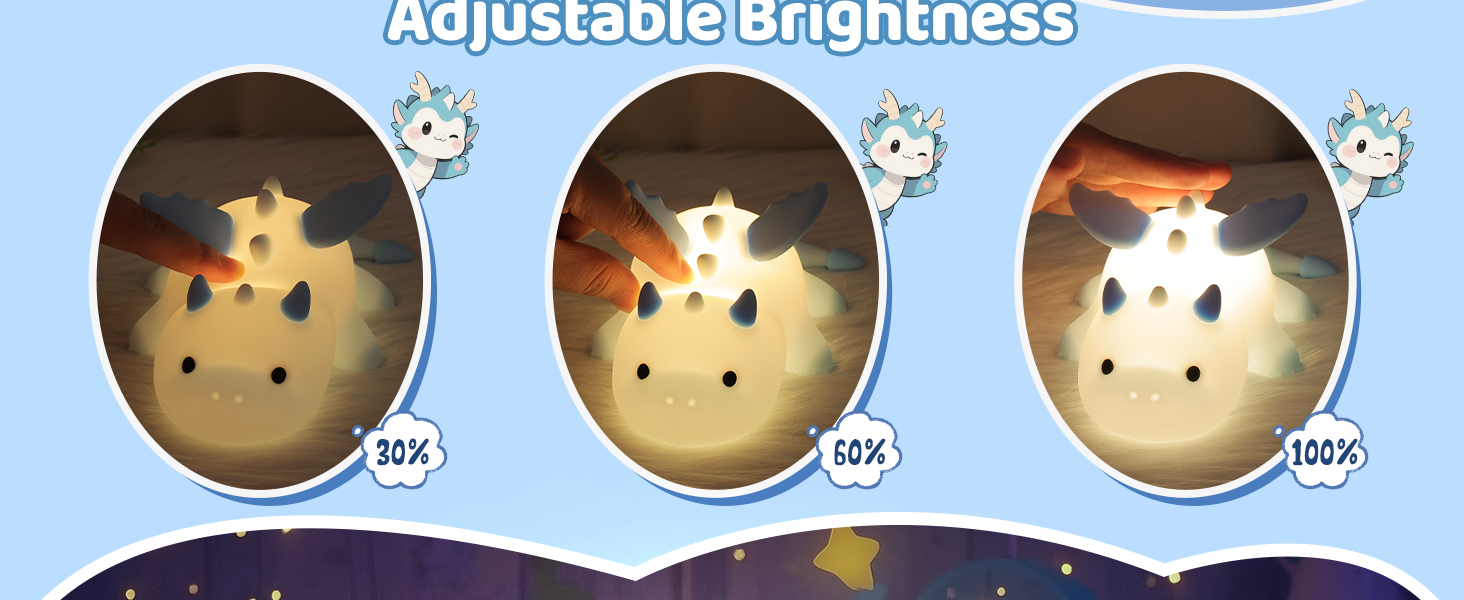 Three oval images showing a glowing cartoon character face at different brightness levels: 30%, 60%, and 100%. Text above reads 'Adjustable Brightness'.