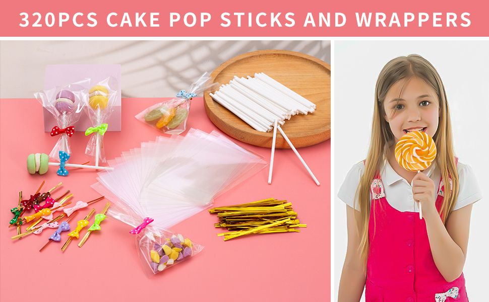 Cake Pop Sticks and Wrappers Kit, Lollipop Sticks Cake Pop Bags with Metallic Twist Ties Bow