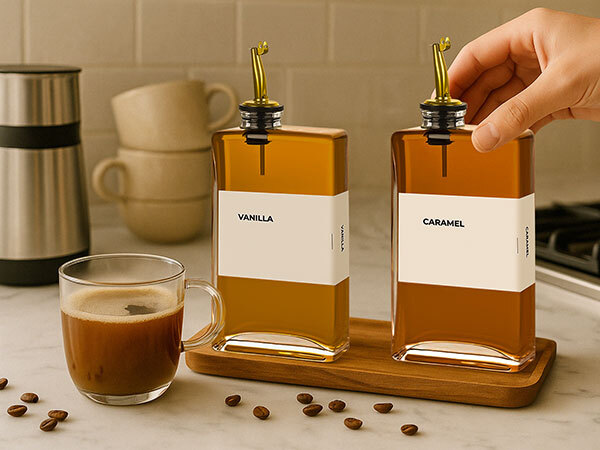 Hand reaching for coffee syrup dispenser next to another syrup bottle and coffee mug