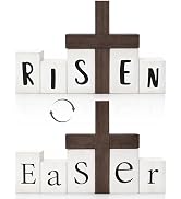 Double Sided Wooden Easter Decor Sign - He Is Risen Rustic Tabletop Blocks with Cross - Farmhouse...