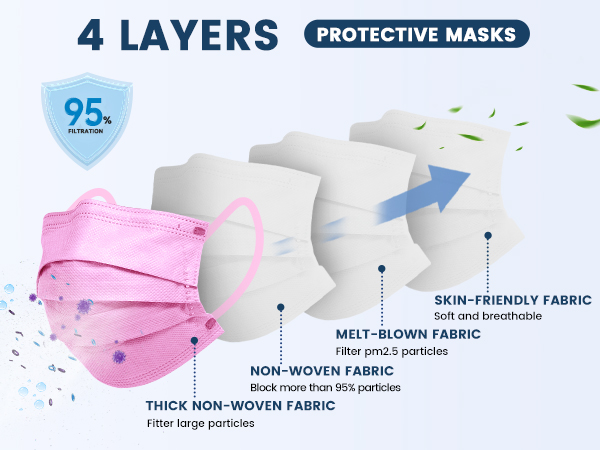 4 layers protection masks disposable 50 pack filtration 95% individually wrapped adults woman men